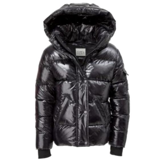 S13 / SAM - Little Girls black Down Puffer Jacket hooded full zip up Coat size 4 - Picture 1 of 10